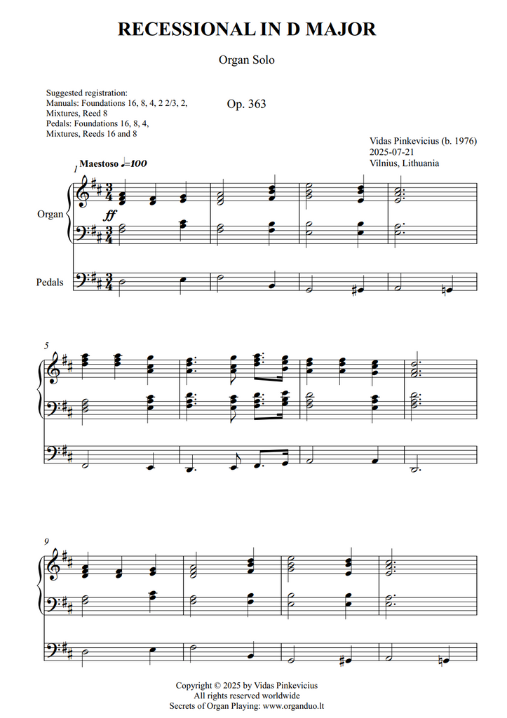 Recessional in D Major, Op. 363 (Organ Solo) by Vidas Pinkevicius