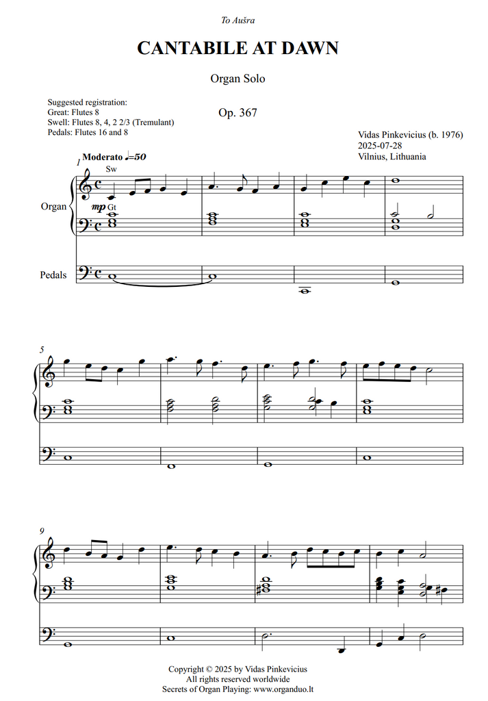 Cantabile at Dawn, Op. 367 (Organ Solo) by Vidas Pinkevicius
