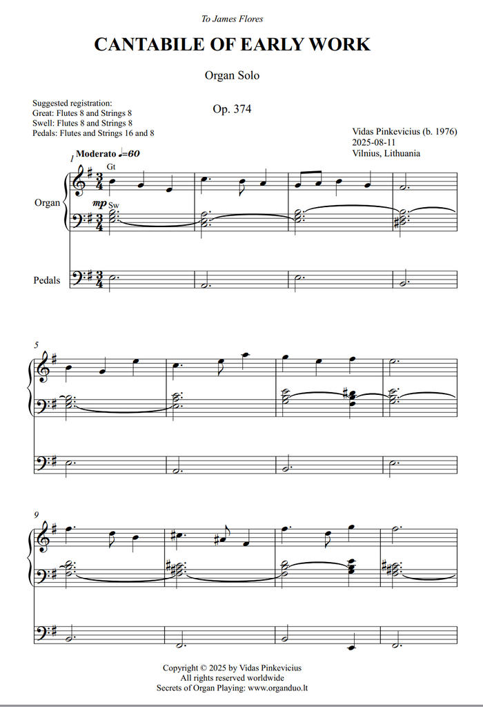 Cantabile of Early Work, Op. 374 (Organ Solo) by Vidas Pinkevicius
