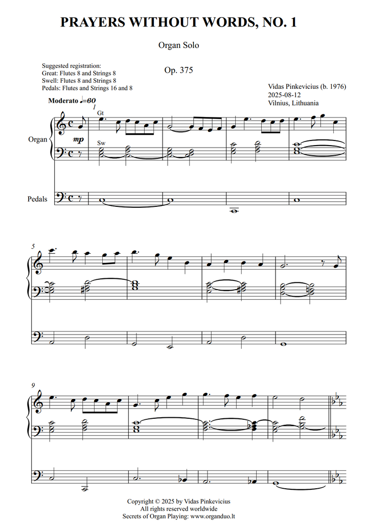 Prayers Without Words, No. 1, Op. 375 (Organ Solo) by Vidas Pinkevicius