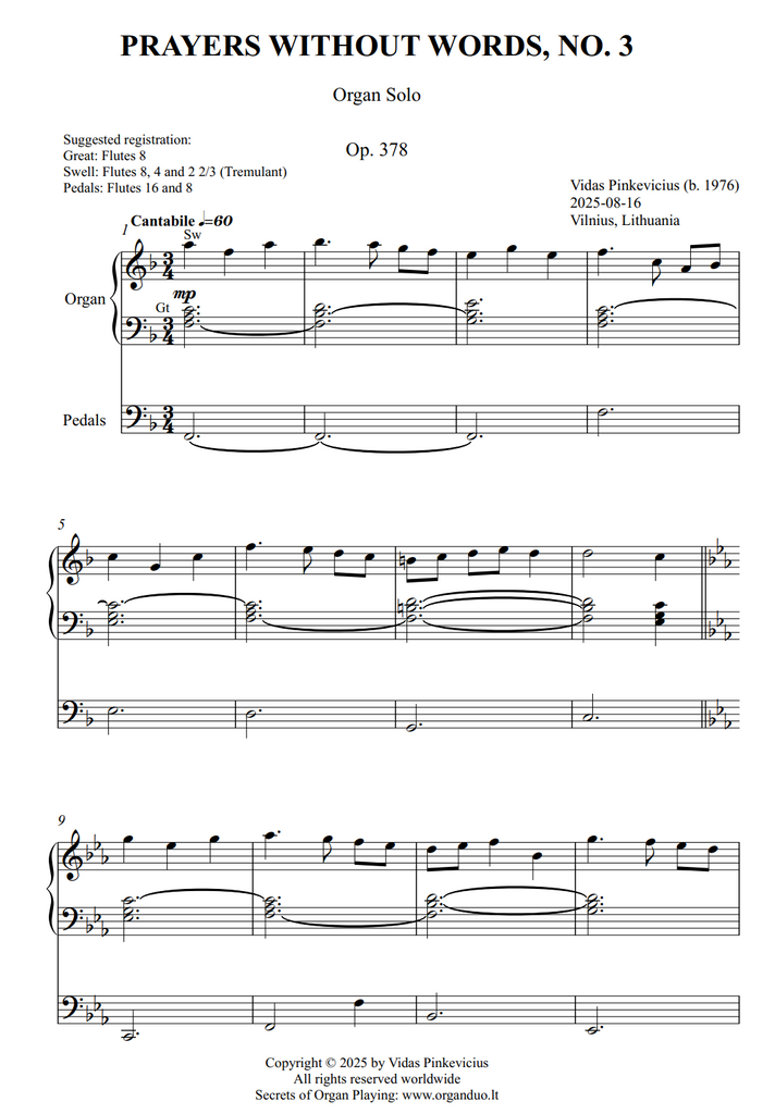 Prayers Without Words, No. 3, Op. 378 (Organ Solo) by Vidas Pinkevicius