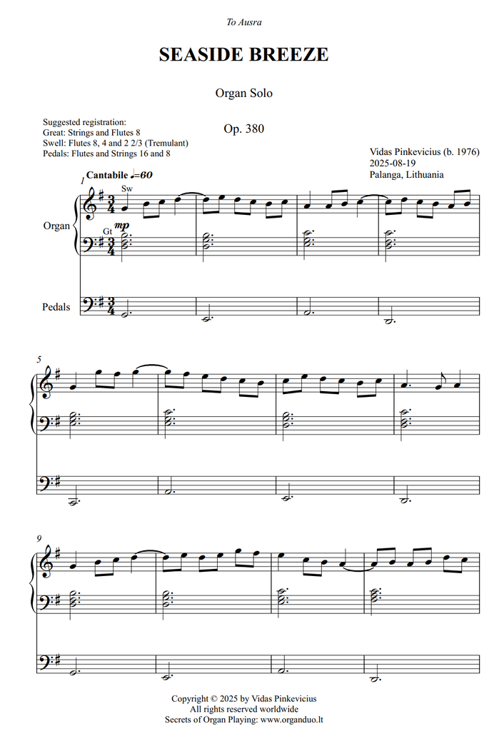 Seaside Breeze, Op. 380 (Organ Solo) by Vidas Pinkevicius
