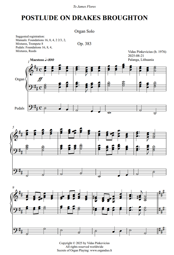 Postlude on Drakes Broughton, Op. 383 (Organ Solo) by Vidas Pinkevicius