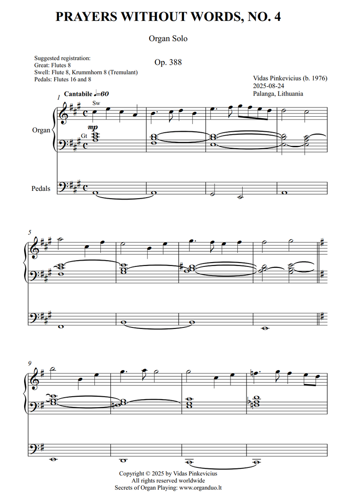 Prayers Without Words, No. 4, Op. 388 (Organ Solo) by Vidas Pinkevicius