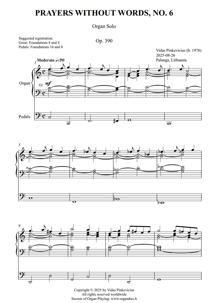 Prayers Without Words, No. 6, Op. 390 by Vidas Pinkevicius (Organ Solo)
