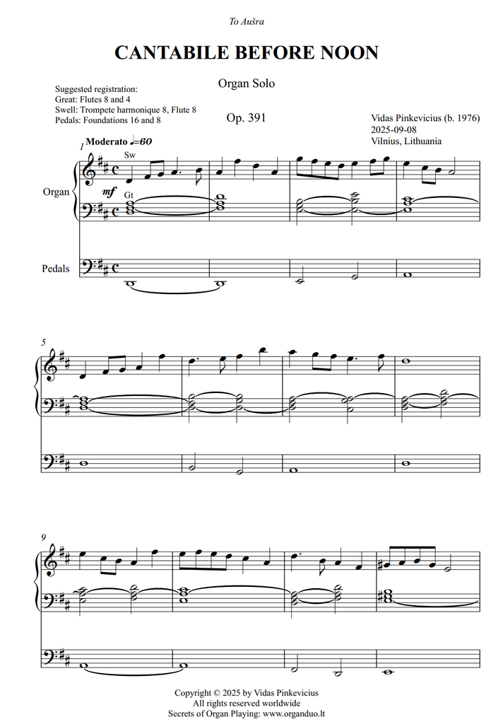 Cantabile Before Noon, Op. 391 (Organ Solo) by Vidas Pinkevicius