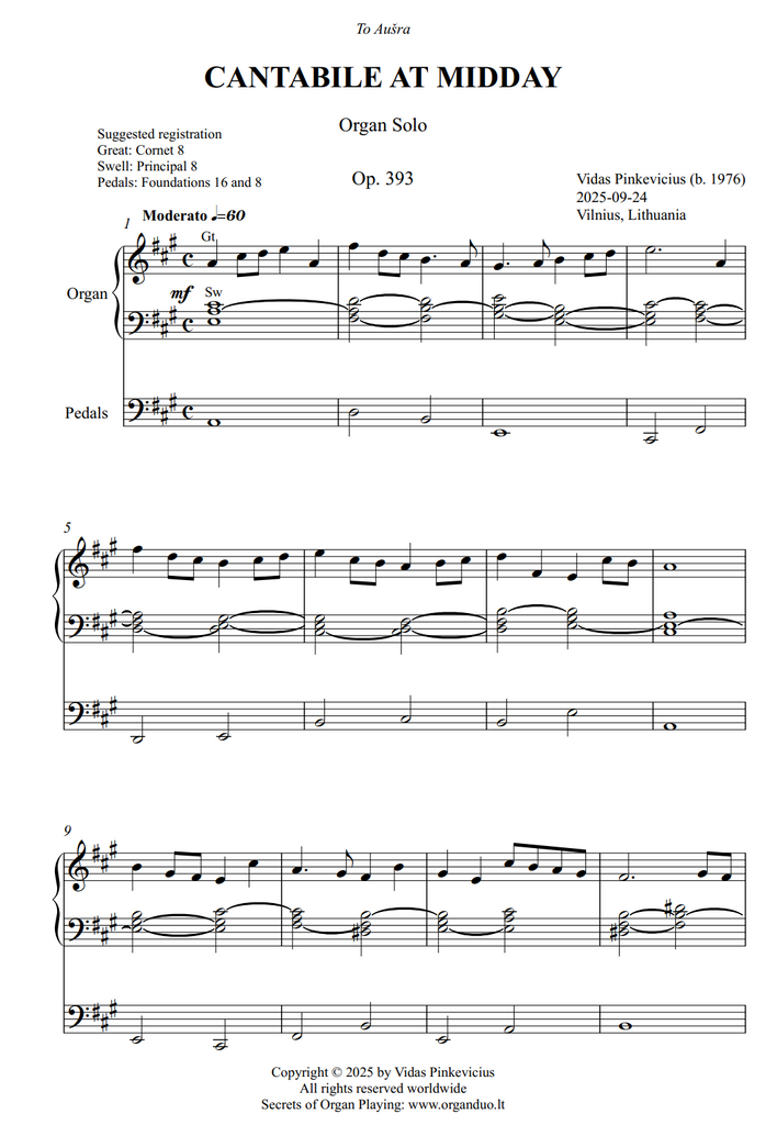 Cantabile at Midday, Op. 393 (Organ Solo) by Vidas Pinkevicius