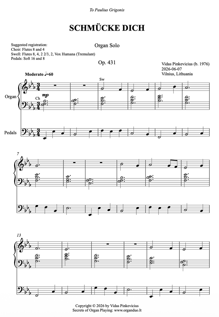 Schmücke dich, Op. 431 (Organ Solo) by Vidas Pinkevicius