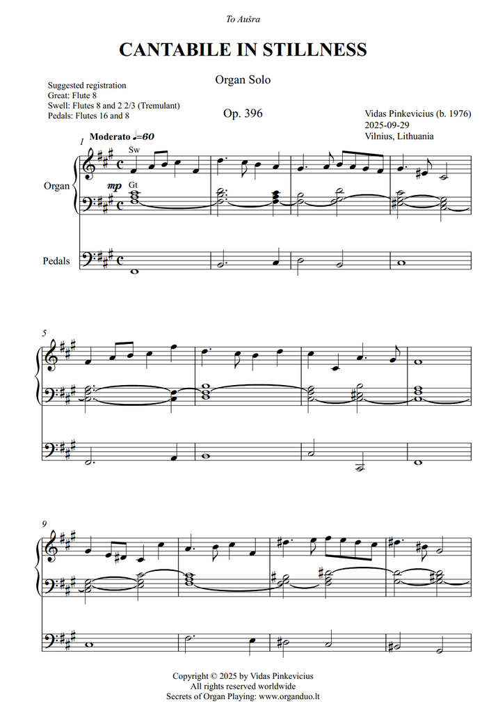 Cantabile in Stillness, Op. 396 (Organ Solo) by Vidas Pinkevicius