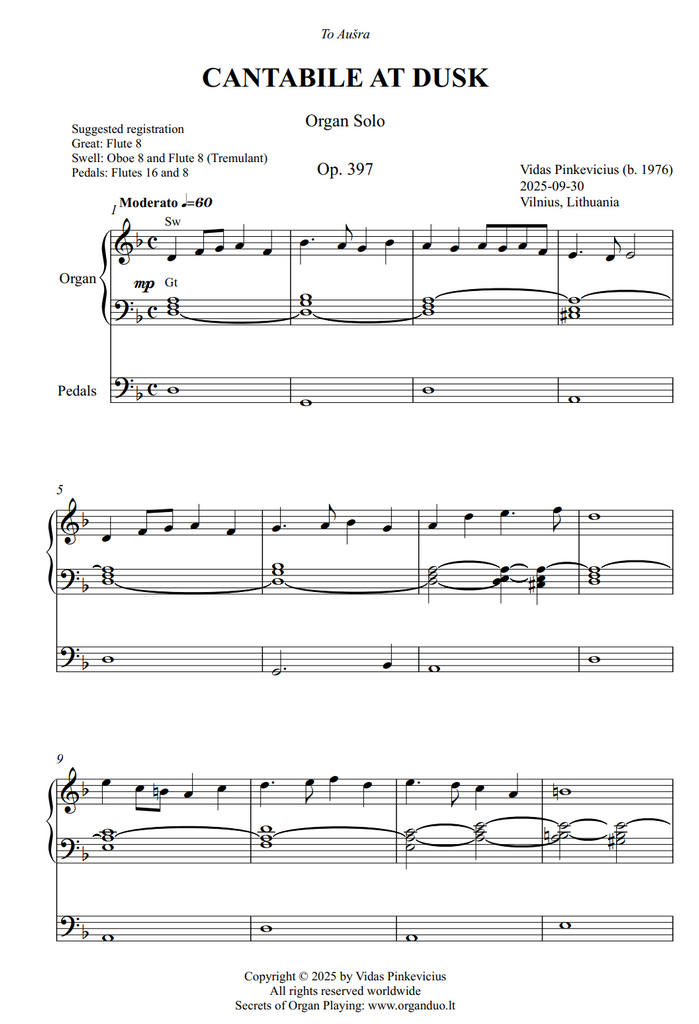 Cantabile at Dusk, Op. 397 (Organ Solo) by Vidas Pinkevicius