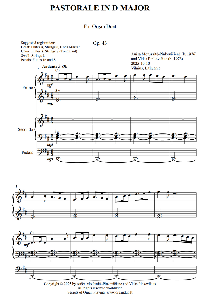 Pastorale in D Major, Op. 43 (Organ Duet) by Ausra Motuzaite-Pinkeviciene and Vidas Pinkevicius