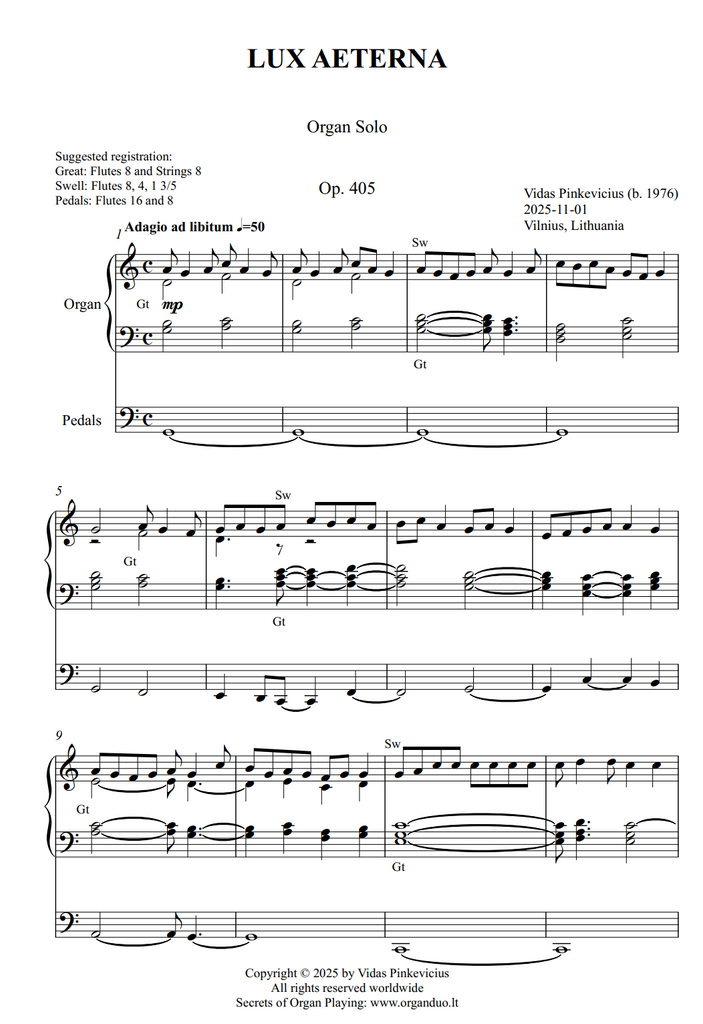 Lux Aeterna, Op. 405 (Organ Solo) by Vidas Pinkevicius