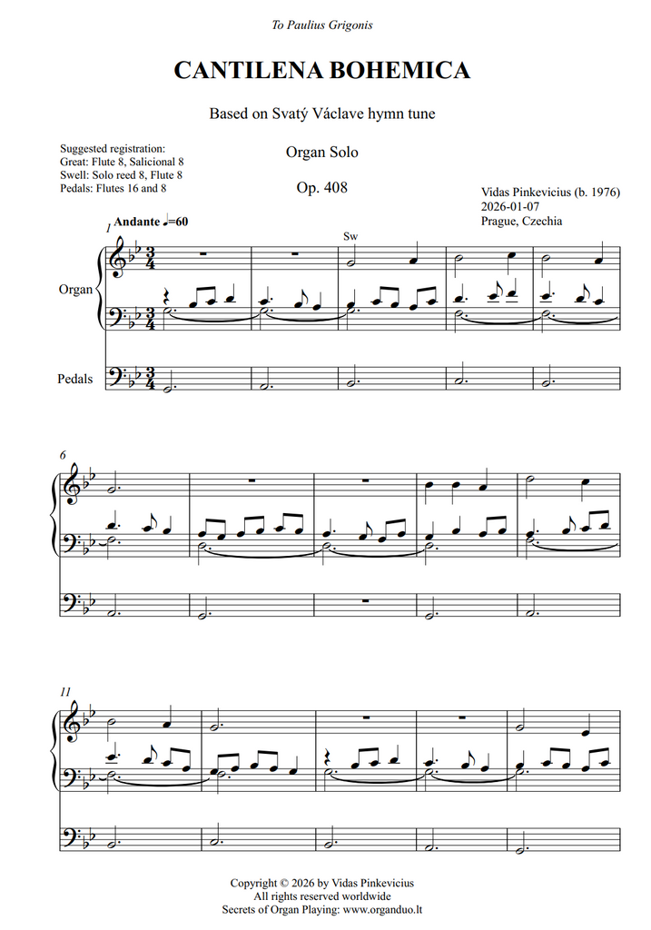 Cantilena Bohemica, Op. 408 (Organ Solo) by Vidas Pinkevicius