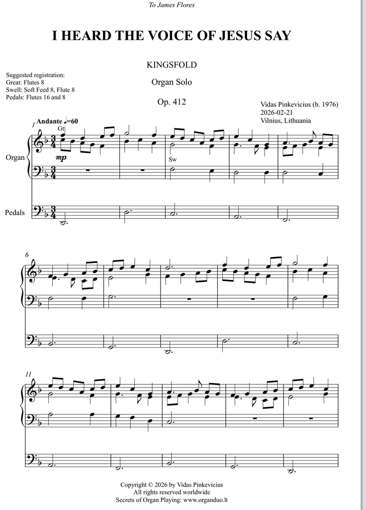 I Heard the Voice of Jesus Say, Op. 412 (Organ Solo) by Vidas Pinkevicius