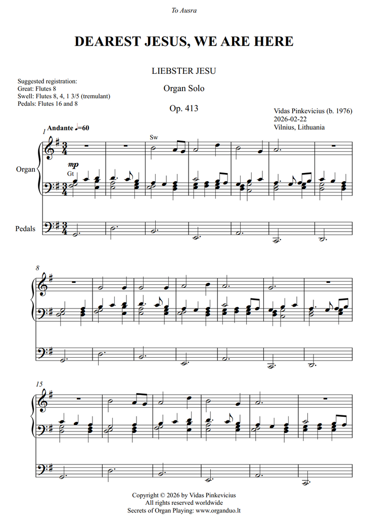 Dearest Jesus, We Are Here, Op. 413 (Organ Solo) by Vidas Pinkevicius