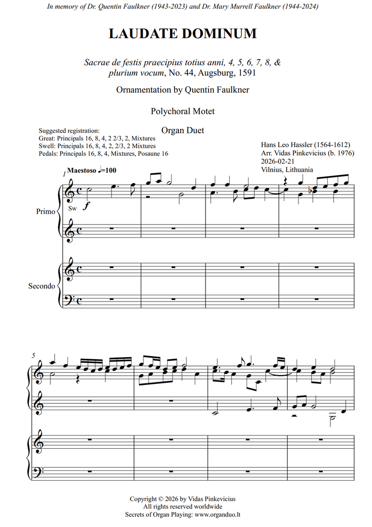 Laudate Dominum (Organ Duet) by Hans Leo Hassler (arranged by Vidas Pinkevicius)