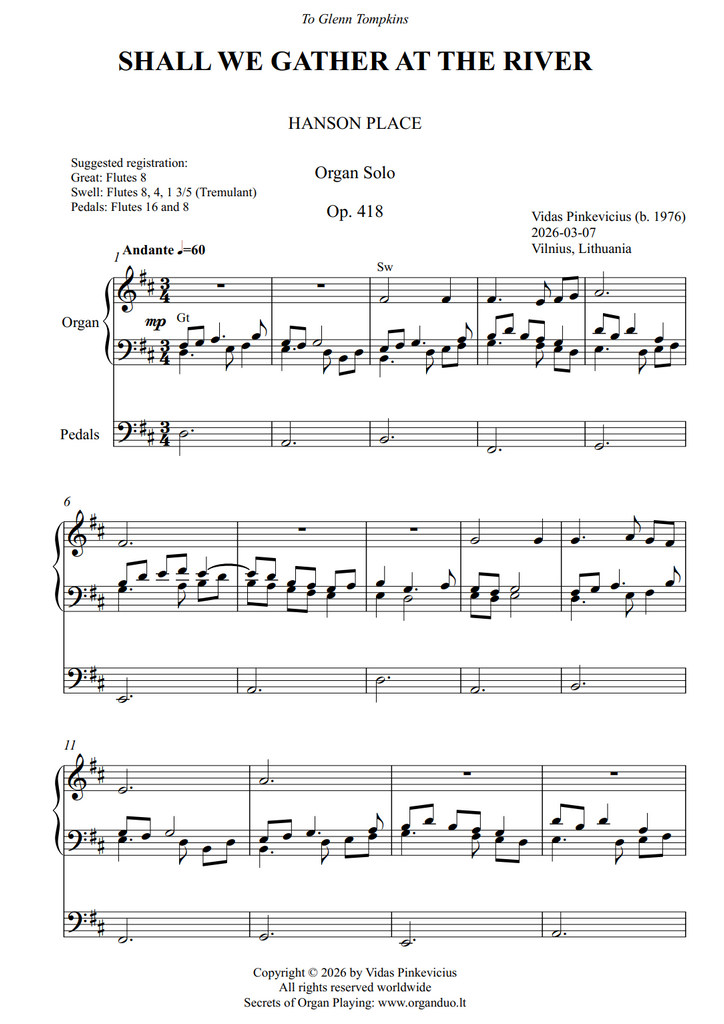 Shall We Gather at the RIver, Op. 418 (Organ Solo) by Vidas Pinkevicius