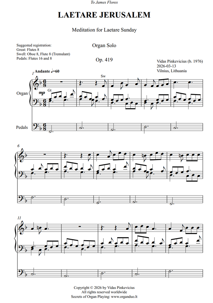 Laetare Jerusalem, Op. 419 (Organ Solo) by Vidas Pinkevicius