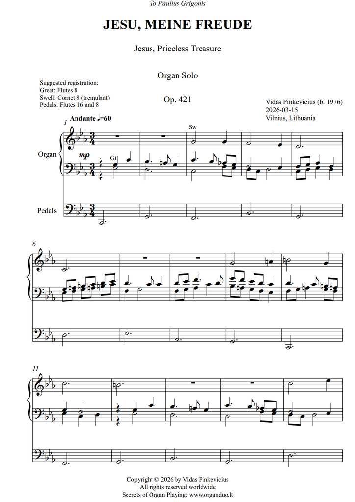 Jesu, meine Freude, Op. 421 (Organ Solo) by Vidas Pinkevicius
