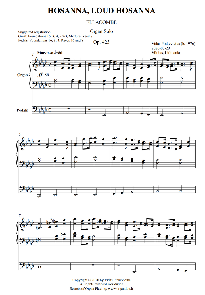 Hosanna, Loud Hosanna, Op. 423 (Organ Solo) by Vidas Pinkevicius