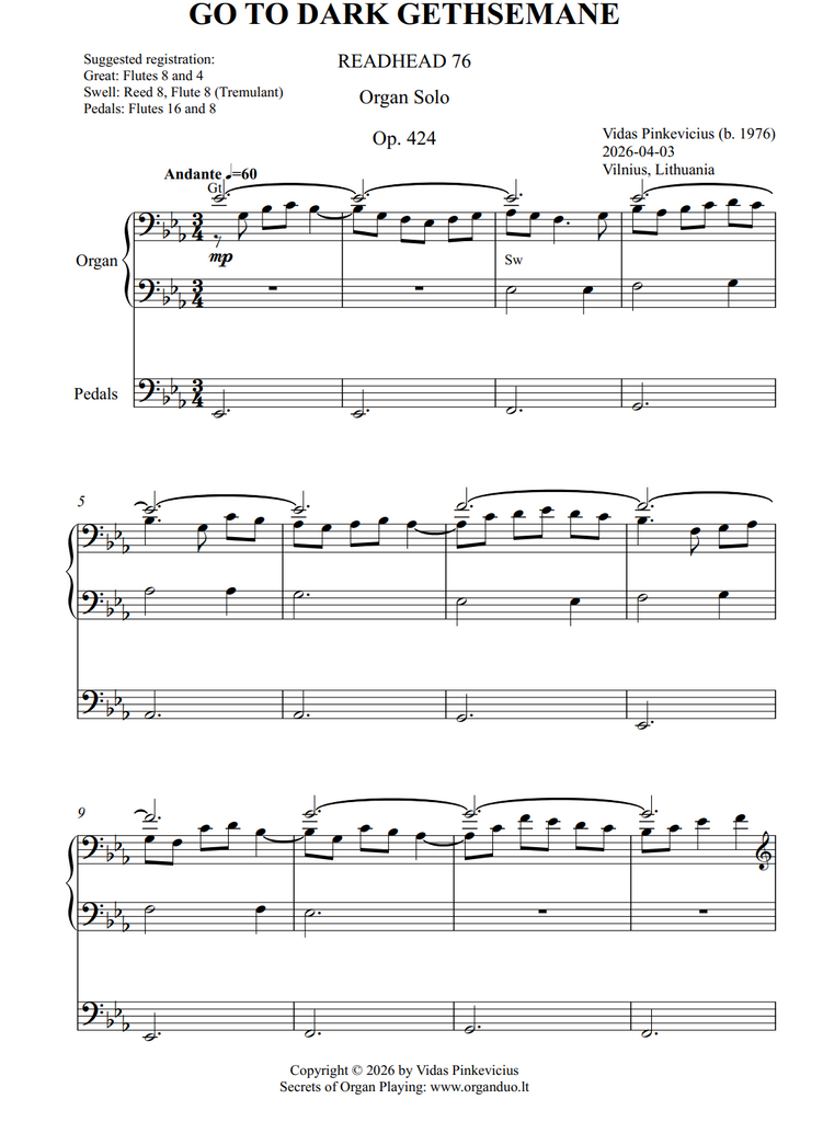 Go to Dark Gethsemane, Op. 424 (Organ Solo) by Vidas Pinkevicius