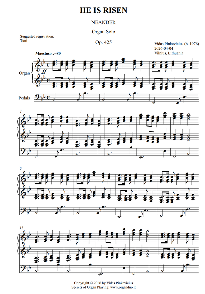 He Is Risen, Op. 425 (Organ Solo) by Vidas Pinkevicius