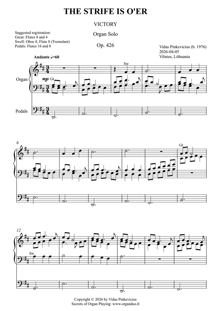 The Strife Is O'er, Op. 426 (Organ Solo) by Vidas Pinkevicius