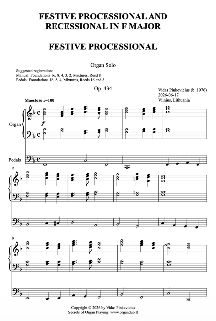 Festive Processional and Recessional in F Major, Op. 434 (Organ Solo) by Vidas Pinkevicius