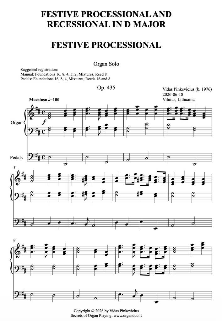 Festive Processional and Recessional in D Major, Op. 435 (Organ Solo) by Vidas Pinkevicius
