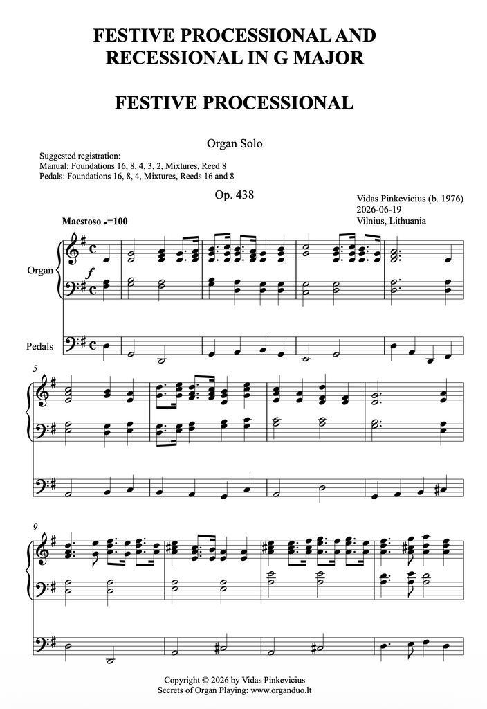 Festive Processional and Recessional in G Major, Op. 438 (Organ Solo) by Vidas Pinkevicius