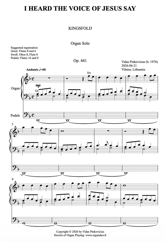 I Heard the Voice of Jesus Say, Op. 441 (Organ Solo) by Vidas Pinkevicius