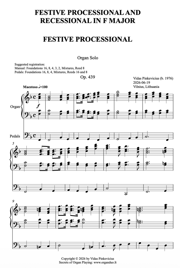 Festive Processional and Recessional in F Major, Op. 439 (Organ Solo) by Vidas Pinkevicius