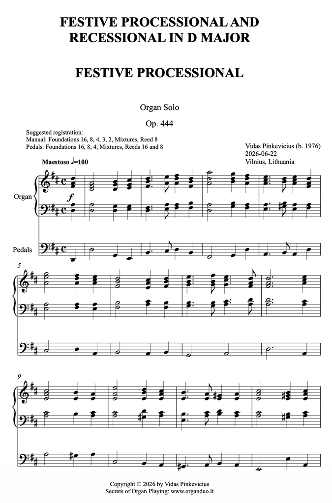 Festive Processional and Recessional in D Major, Op. 444 (Organ Solo) by Vidas Pinkevicius