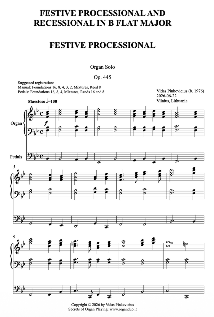 Festive Processional and Recessional in B Flat Major, Op. 445 (Organ Solo) by Vidas Pinkevicius