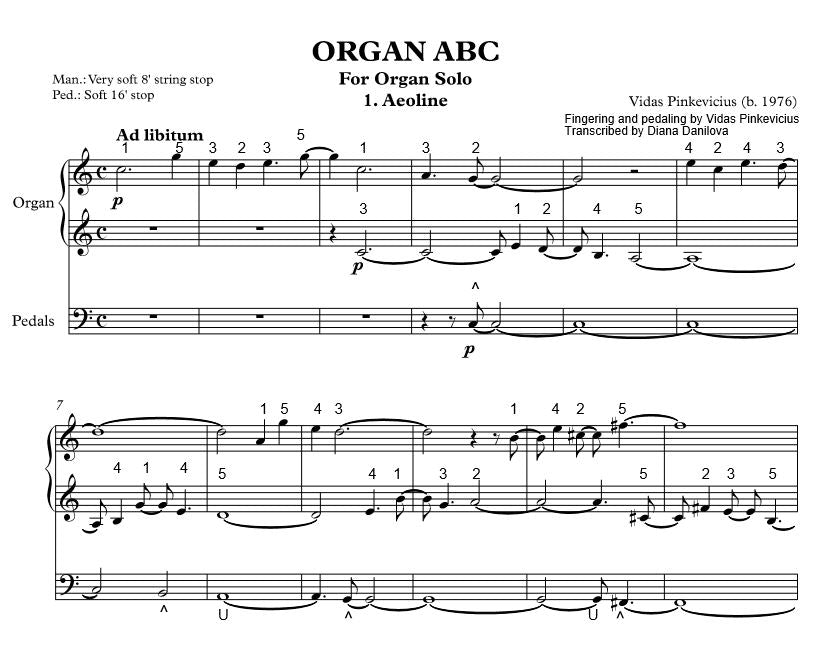 "Aeoline" from "Organ ABC" with Fingering and Pedaling by Vidas Pinkevicius