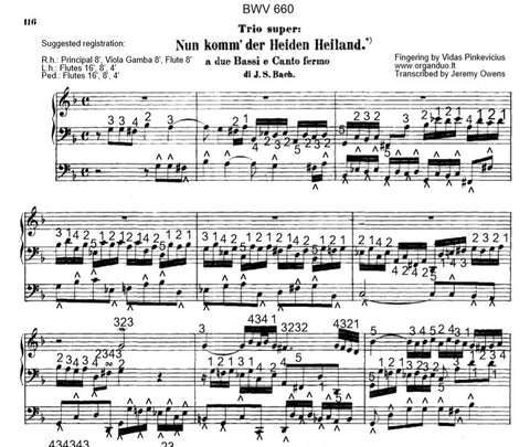 "Nun komm, der Heiden Heiland", BWV 660 by J.S. Bach with Fingering and Pedaling