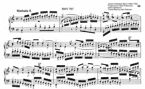 Three Part Sinfonia No. 1 in C Major, BWV 787 by J.S. Bach with complete fingering