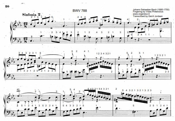 Three Part Sinfonia No. 2 in C Minor, BWV 788 by J.S. Bach with complete fingering