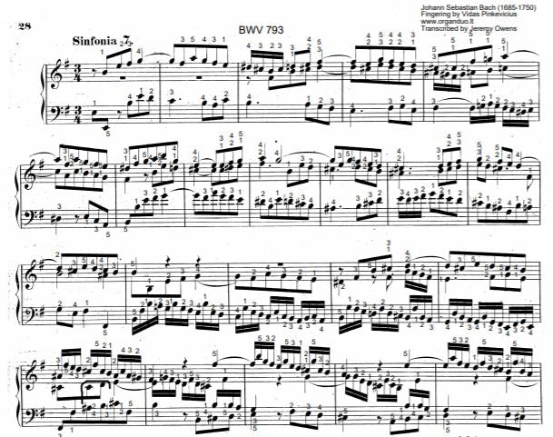 Three Part Sinfonia No. 7 in E Minor, BWV 793 by J.S. Bach with complete fingering