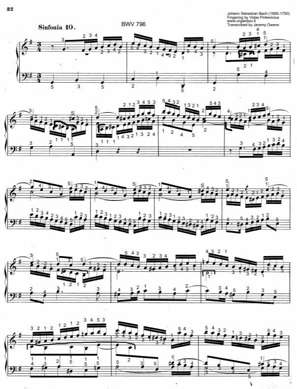 Three Part Sinfonia No. 10 in G Major, BWV 796 by J.S. Bach with complete fingering