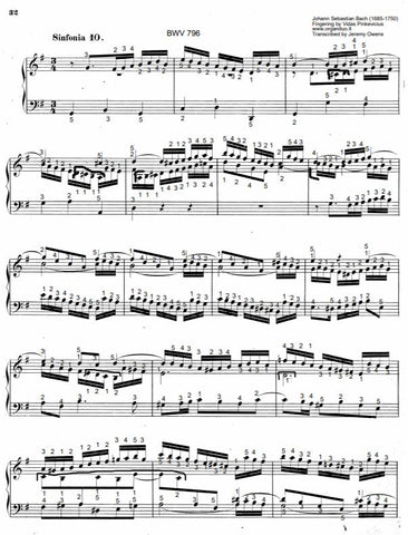Three Part Sinfonia No. 10 in G Major, BWV 796 by J.S. Bach with complete fingering