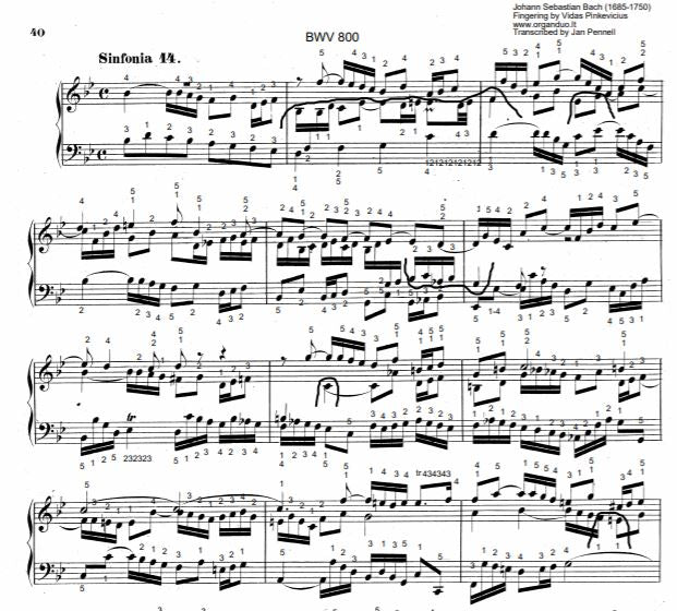 Three Part Sinfonia No. 14 in Bb Major, BWV 800 by J.S. Bach with complete fingering