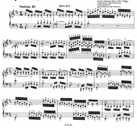 Three Part Sinfonia No. 15 in B Minor, BWV 801 by J.S. Bach with complete fingering