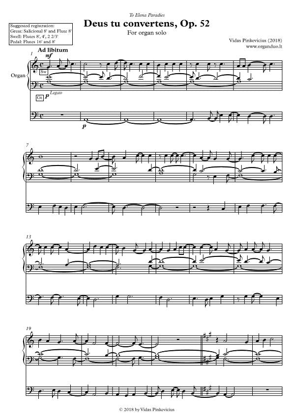 Deus tu convertens, Op. 52 (2018) for solo organ by Vidas Pinkevicius