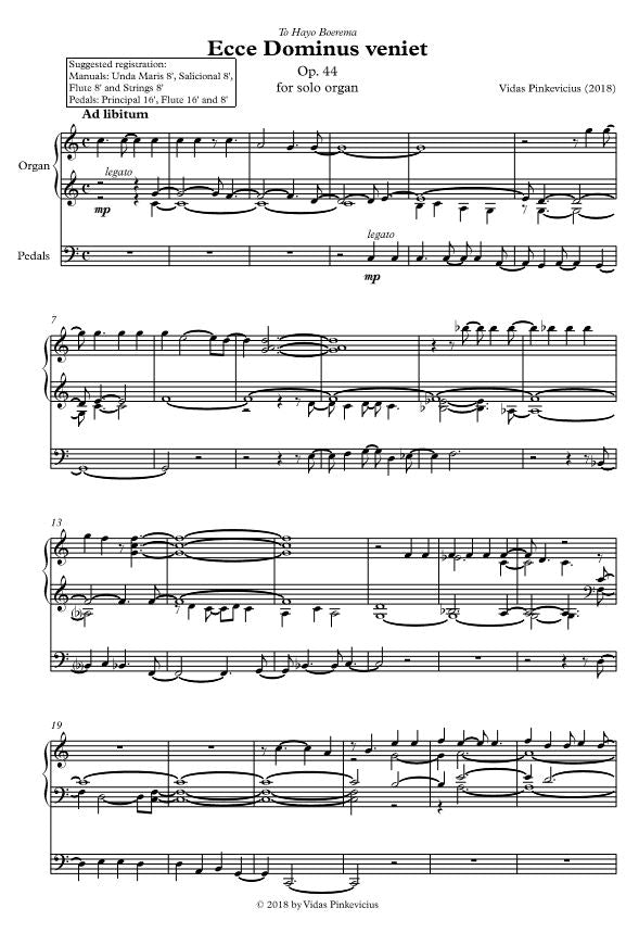 Ecce Dominus veniet, Op. 44 (2018) for solo organ by Vidas Pinkevicius