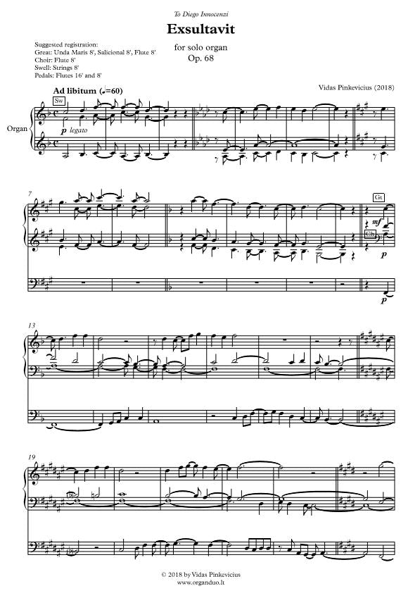 Exsultavit, Op. 68 (2018) for solo organ by Vidas Pinkevicius
