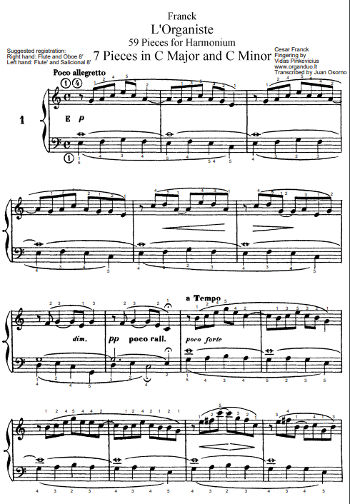 Poco Allegretto in C Major from L'Organiste by Cesar Franck with Fingering