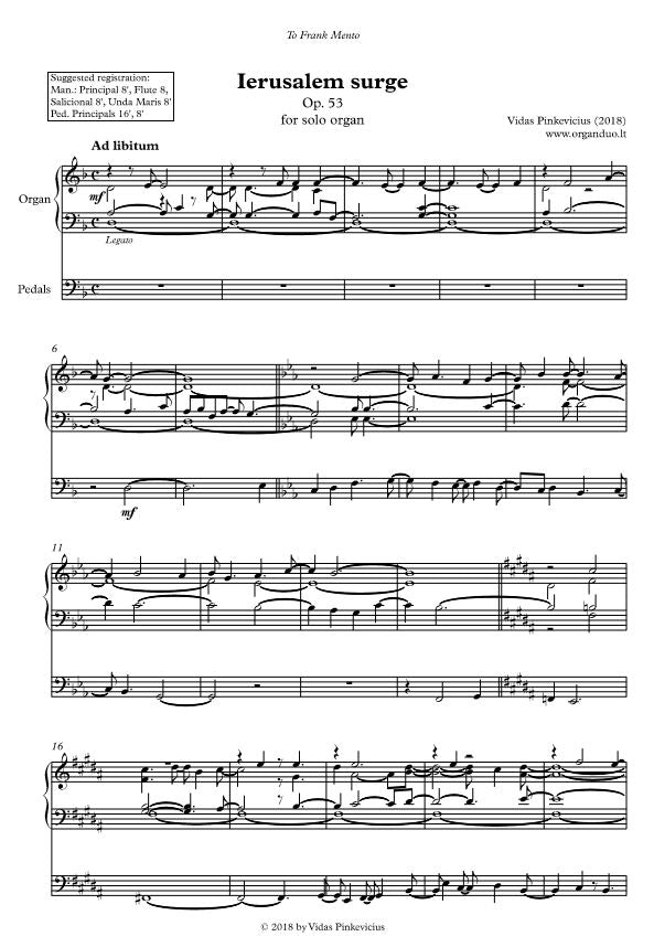 Ierusalem surge, Op. 53 (2018) for solo organ by Vidas Pinkevicius
