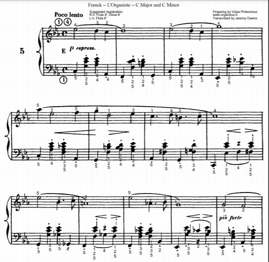 Poco Lento in C Minor from L'Organiste by Cesar Franck with Fingering