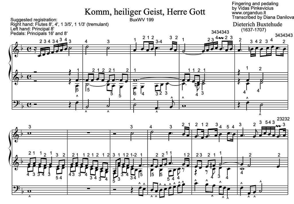 Komm, heiliger Geist, Herre Gott, BuxWV 199 by D. Buxtehude with fingering and pedaling